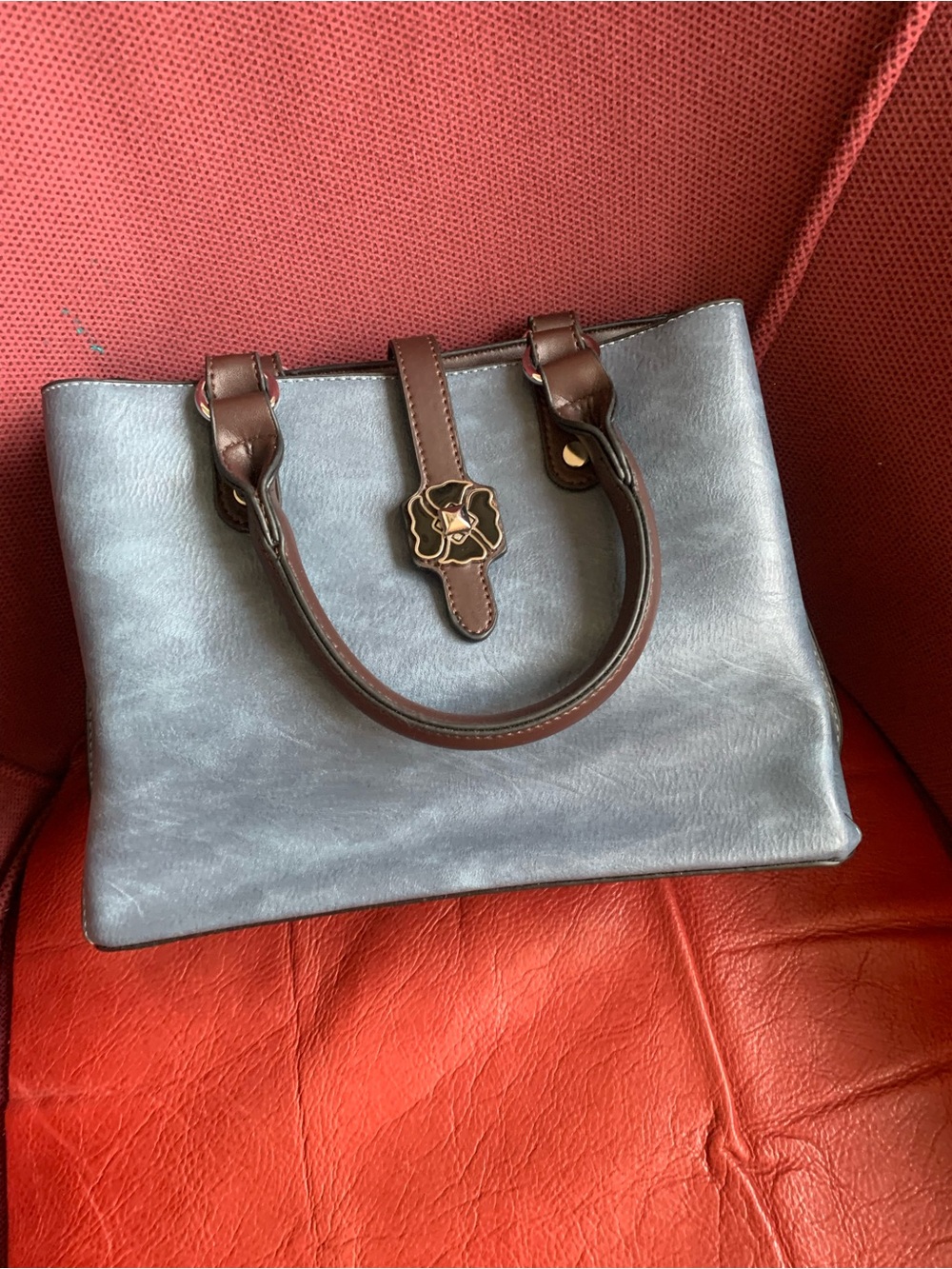Classic Two-Tone Leather Tote Bag - Blue and Brown